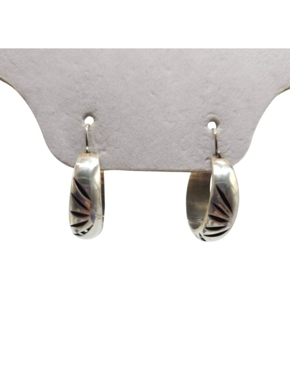 Taxco Sterling Silver Hoop Earrings With Sunburst Design Signed Mexico 1.25 Inch